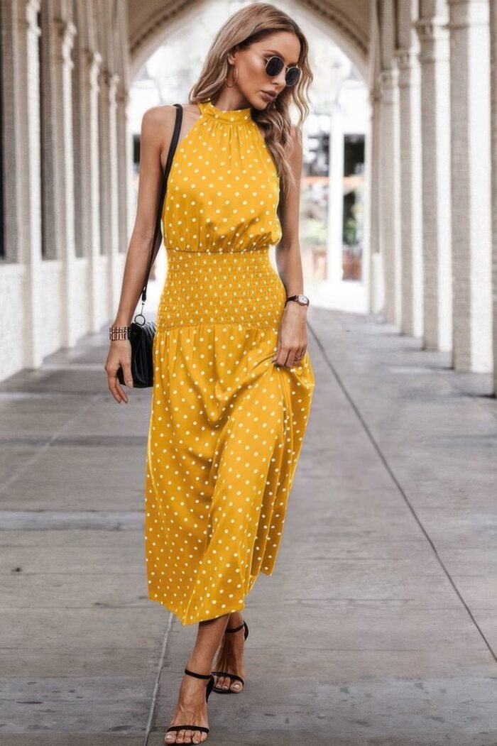 Off shoulder dot print fit ruffle full dress - image 18