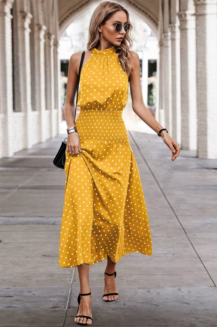 Off shoulder dot print fit ruffle full dress - image 19