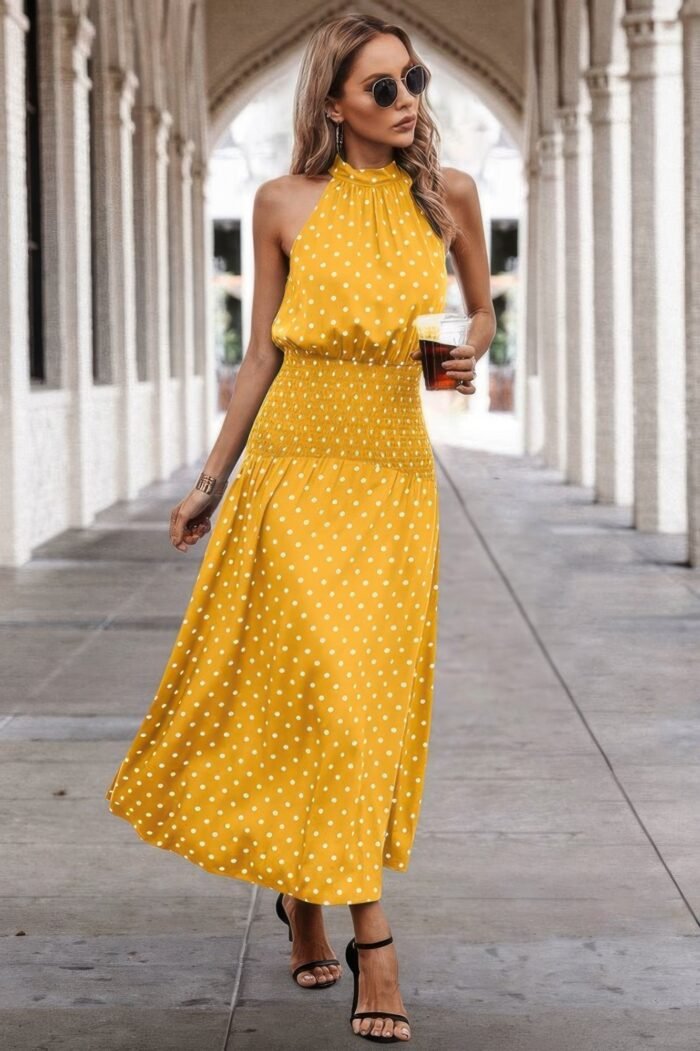 Off shoulder dot print fit ruffle full dress - image 20