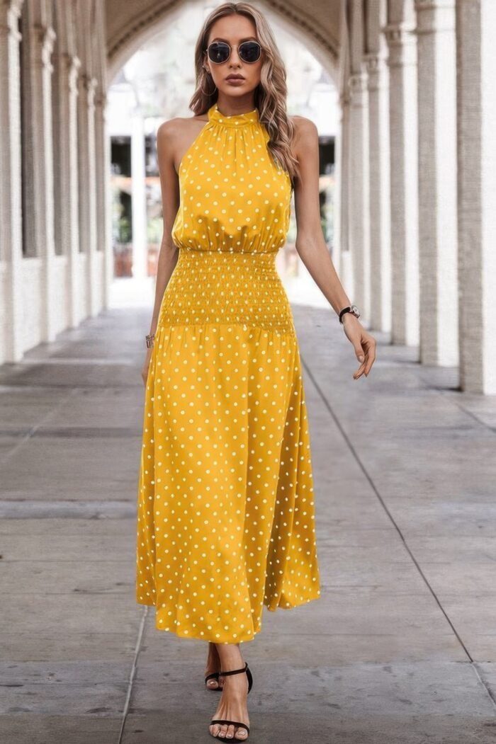 Off shoulder dot print fit ruffle full dress - image 21