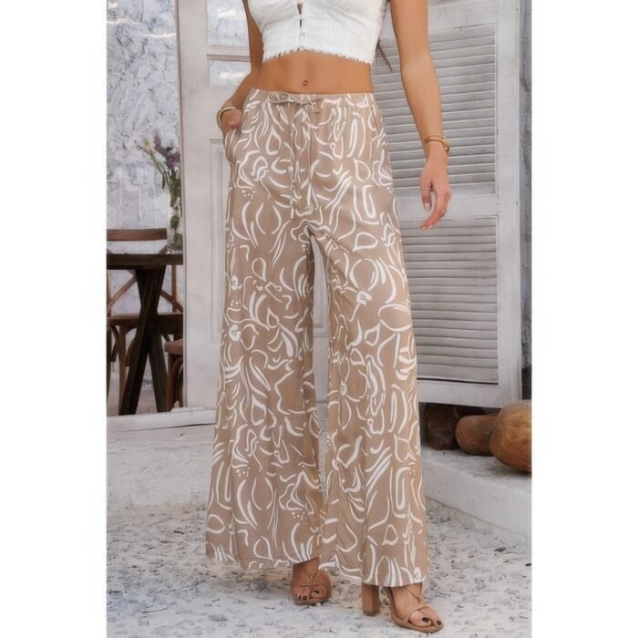 Allover print drawstring pockets wide leg pants - image 2