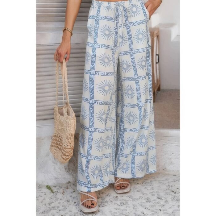 Allover print drawstring pockets wide leg pants - image 5