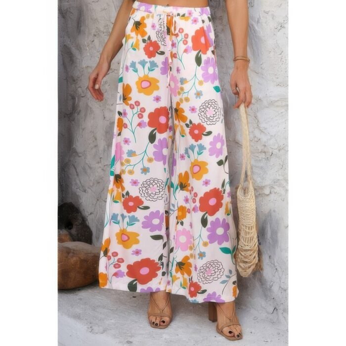 Allover print drawstring pockets wide leg pants - image 7