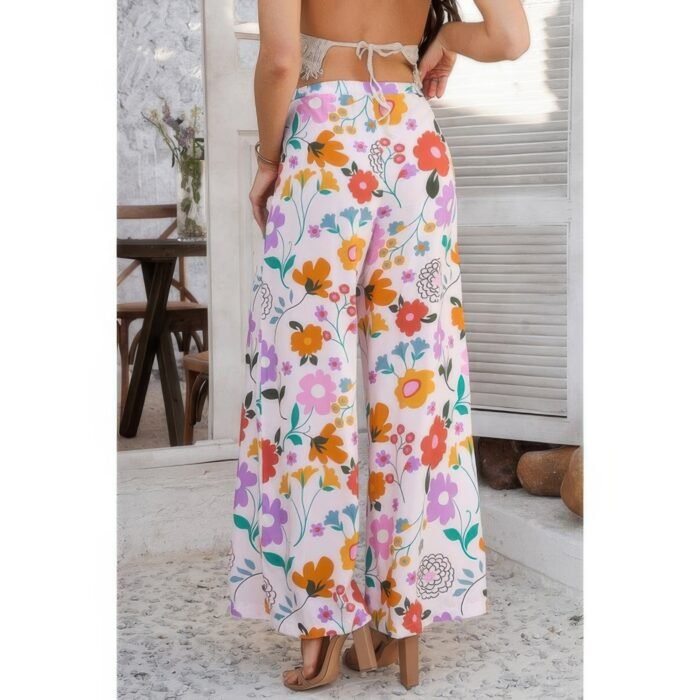 Allover print drawstring pockets wide leg pants - image 9