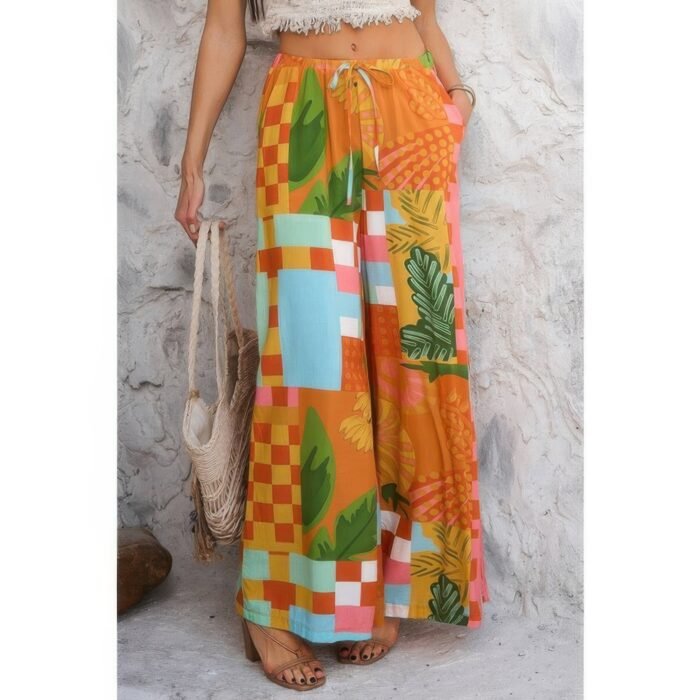Allover print drawstring pockets wide leg pants - image 10