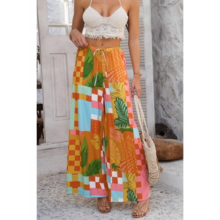 Allover print drawstring pockets wide leg pants - image 11