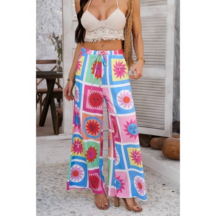 Allover print drawstring pockets wide leg pants - image 13