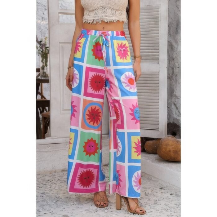 Allover print drawstring pockets wide leg pants - image 14