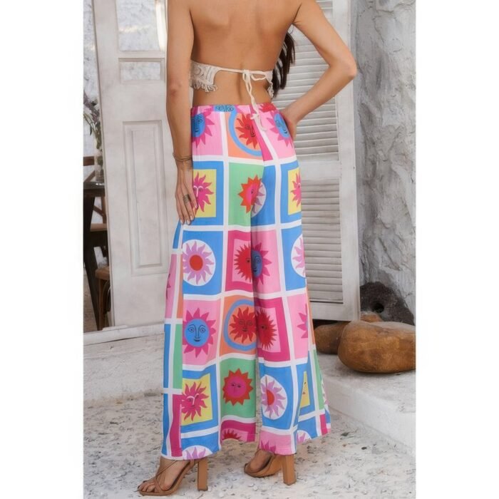 Allover print drawstring pockets wide leg pants - image 15