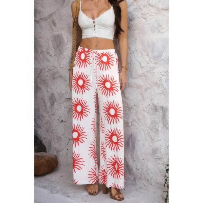 Allover print drawstring pockets wide leg pants - image 17