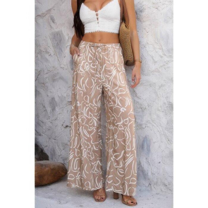 Allover print drawstring pockets wide leg pants - image 20