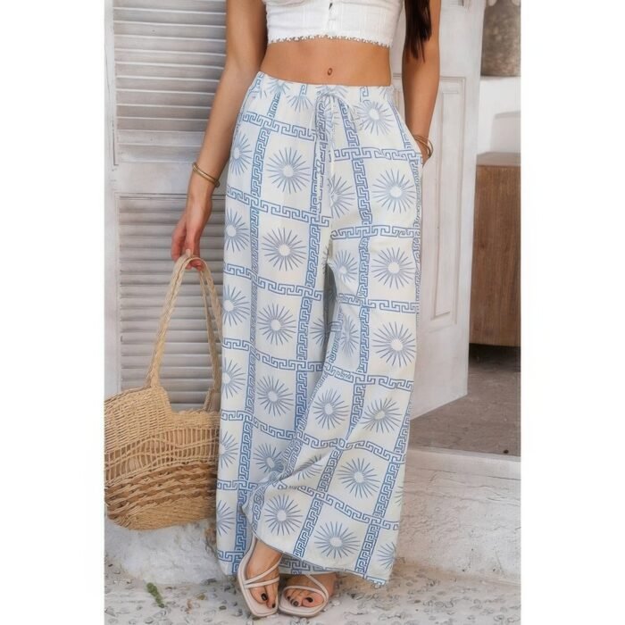 Allover print drawstring pockets wide leg pants - image 23