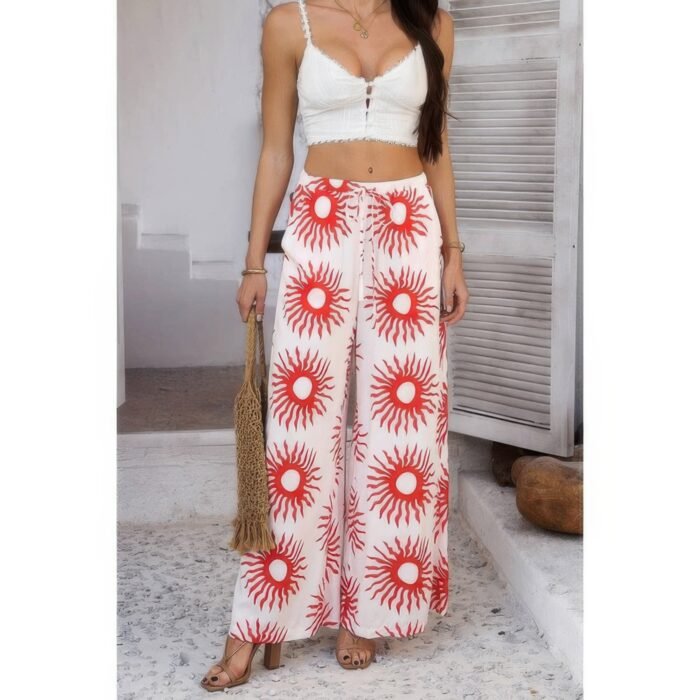Allover print drawstring pockets wide leg pants - image 27