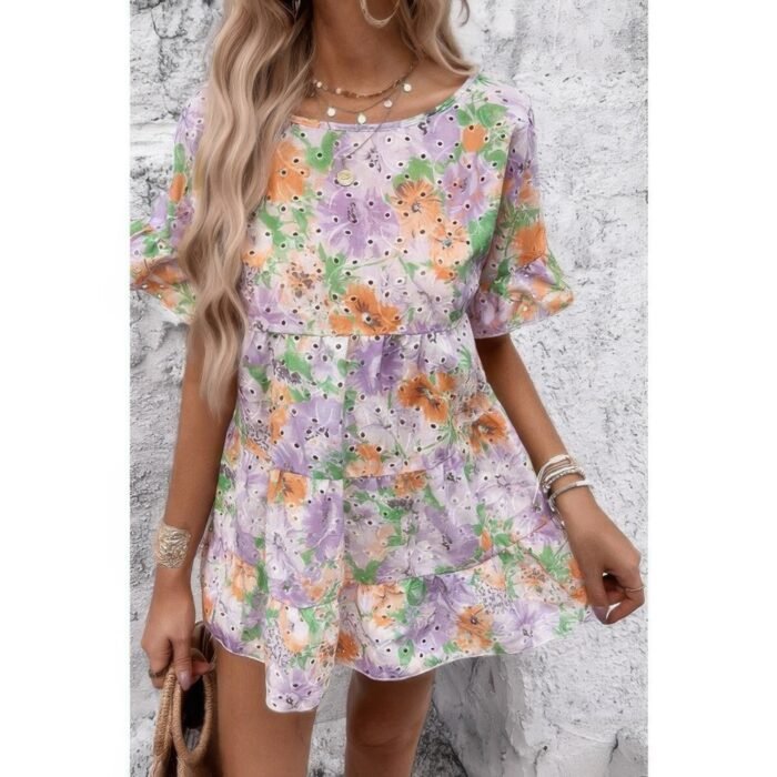 Scoop neck floral print hollow out ruffle hem top - image 2