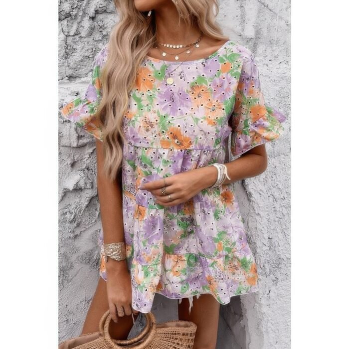 Scoop neck floral print hollow out ruffle hem top - image 3