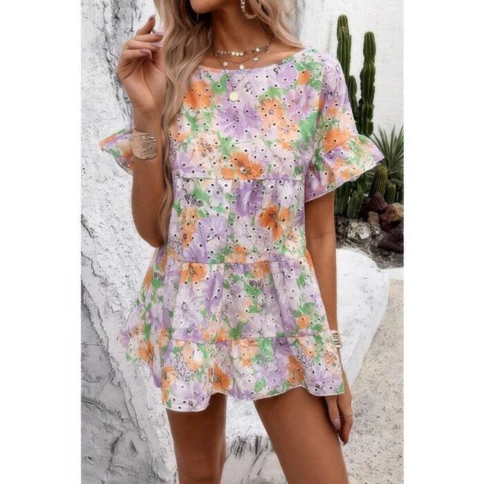 Scoop neck floral print hollow out ruffle hem top - image 4