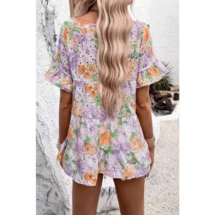 Scoop neck floral print hollow out ruffle hem top - image 5