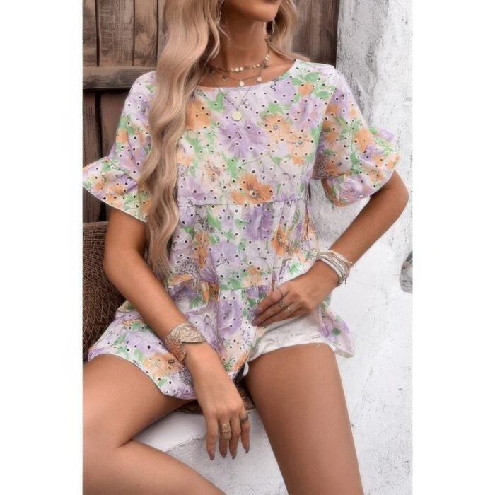 Scoop neck floral print hollow out ruffle hem top - image 6