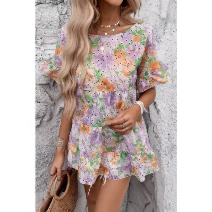 Scoop neck floral print hollow out ruffle hem top - image 8