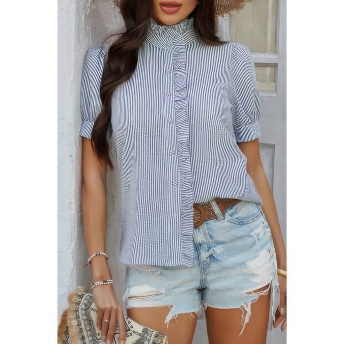 Strip button down ruffle hem puff short sleeve shirt - image 1