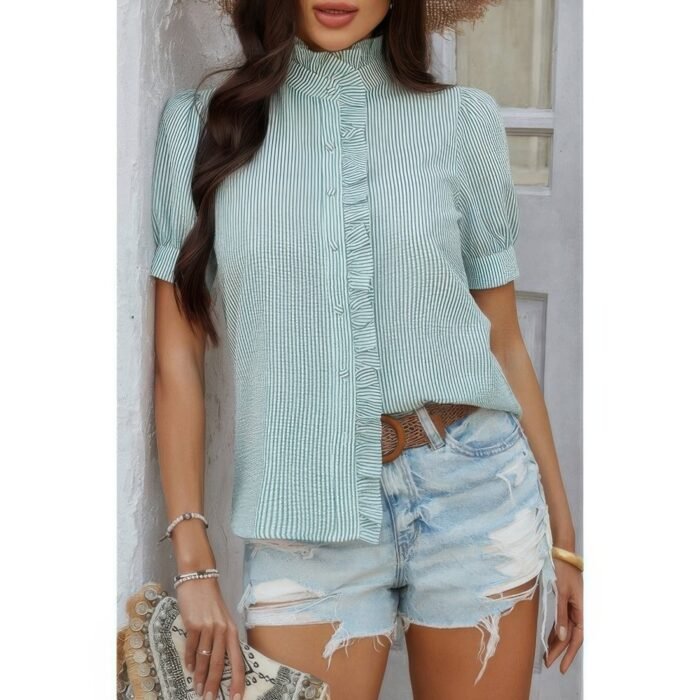 Strip button down ruffle hem puff short sleeve shirt - image 5