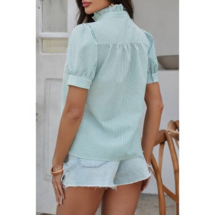Strip button down ruffle hem puff short sleeve shirt - image 7