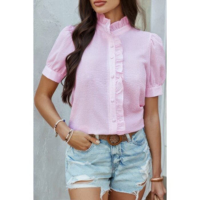 Strip button down ruffle hem puff short sleeve shirt - image 9