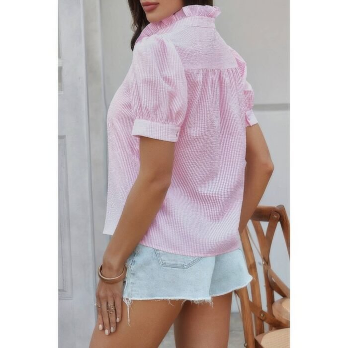 Strip button down ruffle hem puff short sleeve shirt - image 10