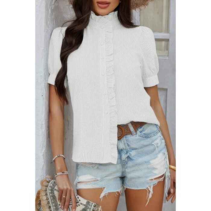 Strip button down ruffle hem puff short sleeve shirt - image 11