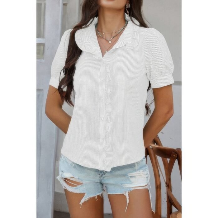 Strip button down ruffle hem puff short sleeve shirt - image 12