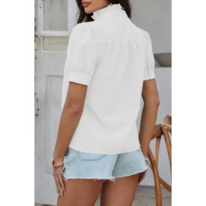 Strip button down ruffle hem puff short sleeve shirt - image 13