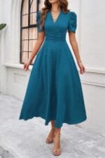 V Neck Solid Puff Sleeves Fit Full Dress