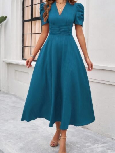 V Neck Solid Puff Sleeves Fit Full Dress