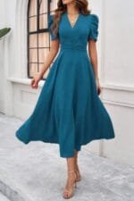 V Neck Solid Puff Sleeves Fit Full Dress