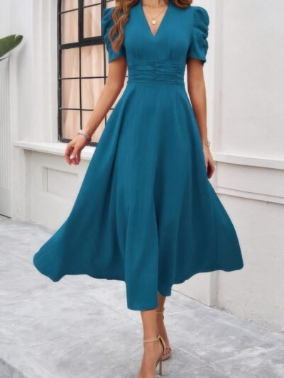 V Neck Solid Puff Sleeves Fit Full Dress V Neck Solid Puff Sleeves Fit Full Dress