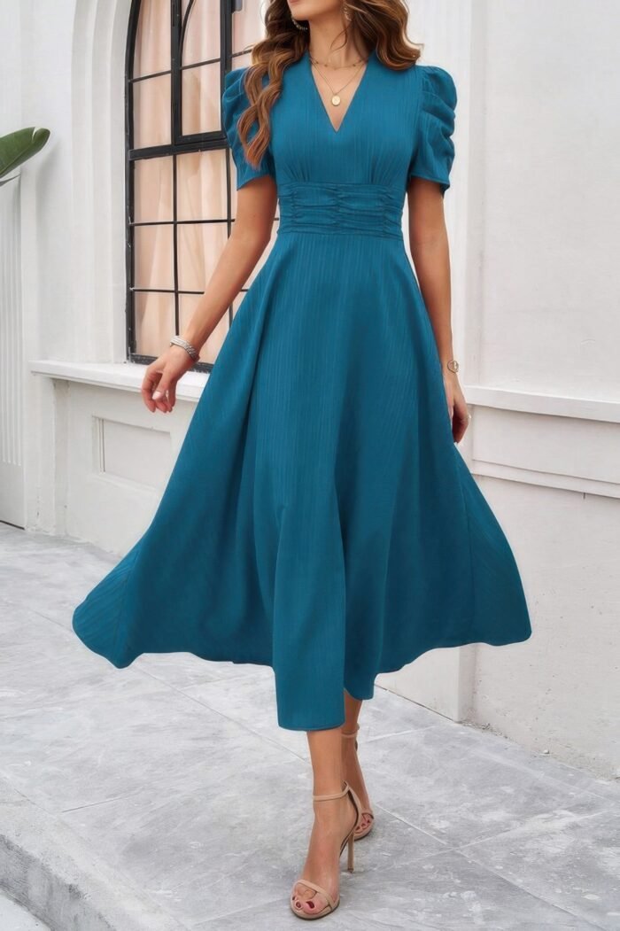 V Neck Solid Puff Sleeves Fit Full Dress - Image 2