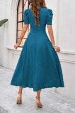 V Neck Solid Puff Sleeves Fit Full Dress