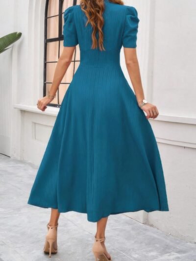 V Neck Solid Puff Sleeves Fit Full Dress V Neck Solid Puff Sleeves Fit Full Dress
