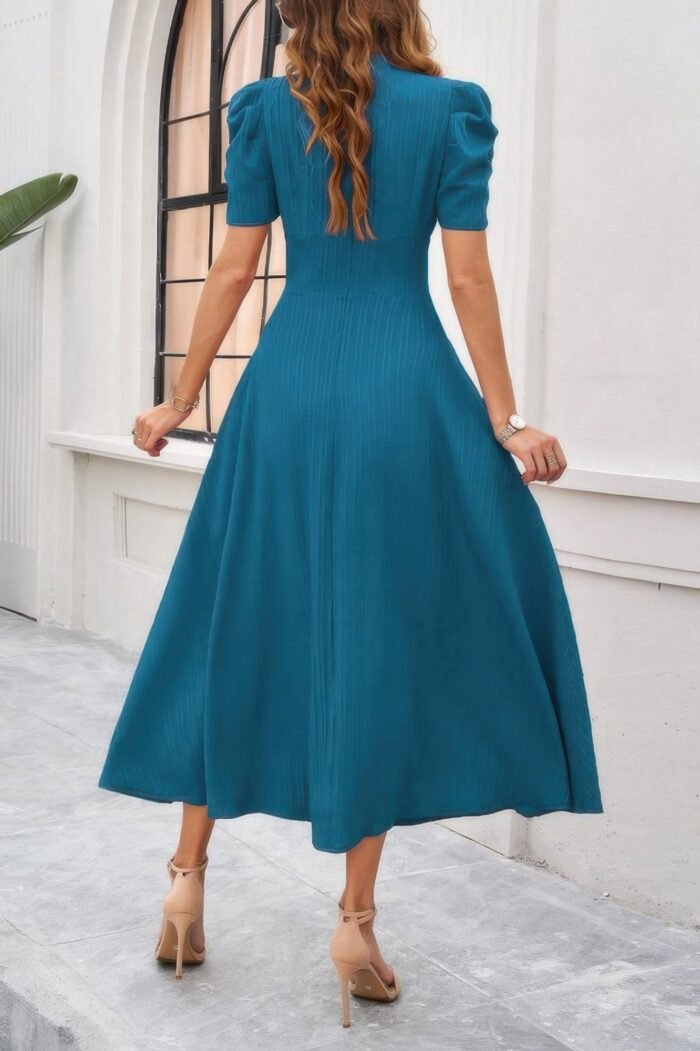 V Neck Solid Puff Sleeves Fit Full Dress - Image 3