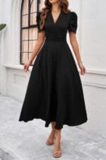 V Neck Solid Puff Sleeves Fit Full Dress