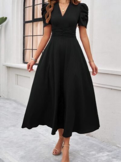 V Neck Solid Puff Sleeves Fit Full Dress V Neck Solid Puff Sleeves Fit Full Dress