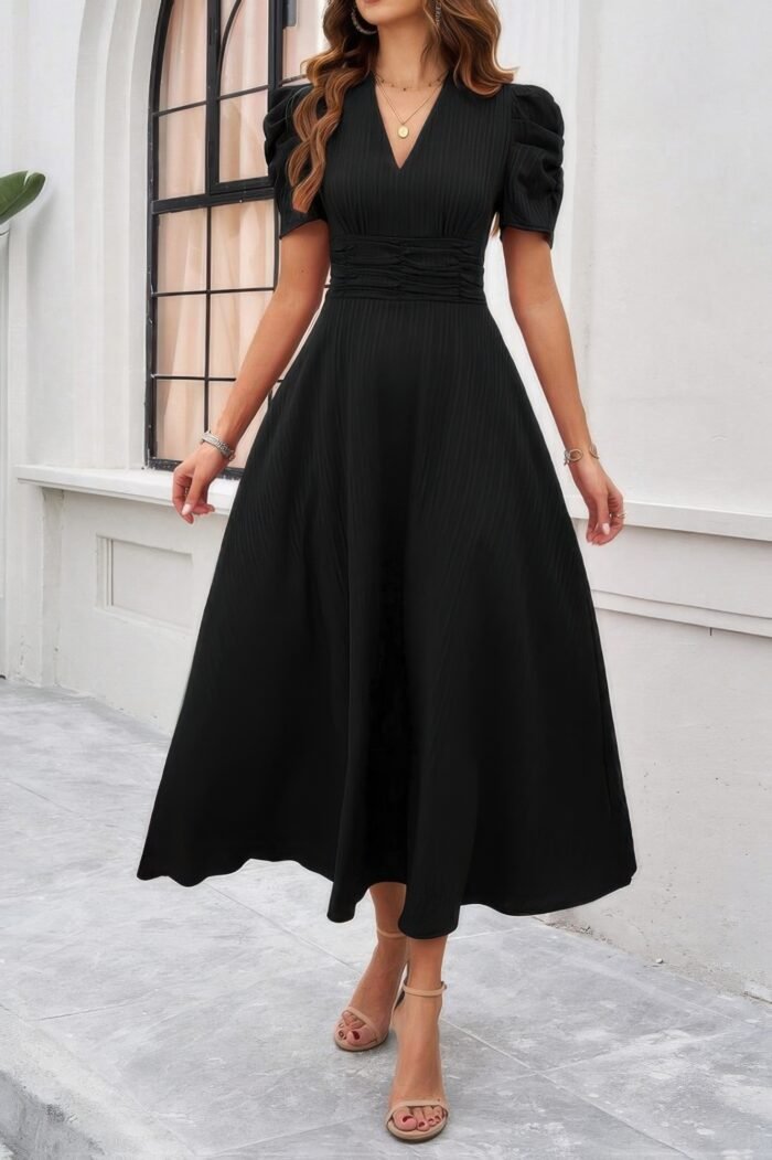 V Neck Solid Puff Sleeves Fit Full Dress - Image 4