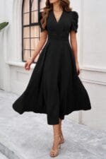 V Neck Solid Puff Sleeves Fit Full Dress