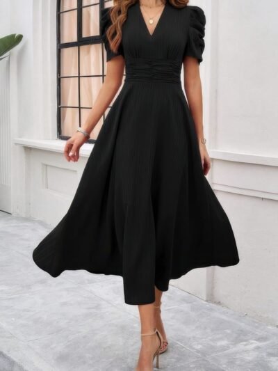 V Neck Solid Puff Sleeves Fit Full Dress V Neck Solid Puff Sleeves Fit Full Dress