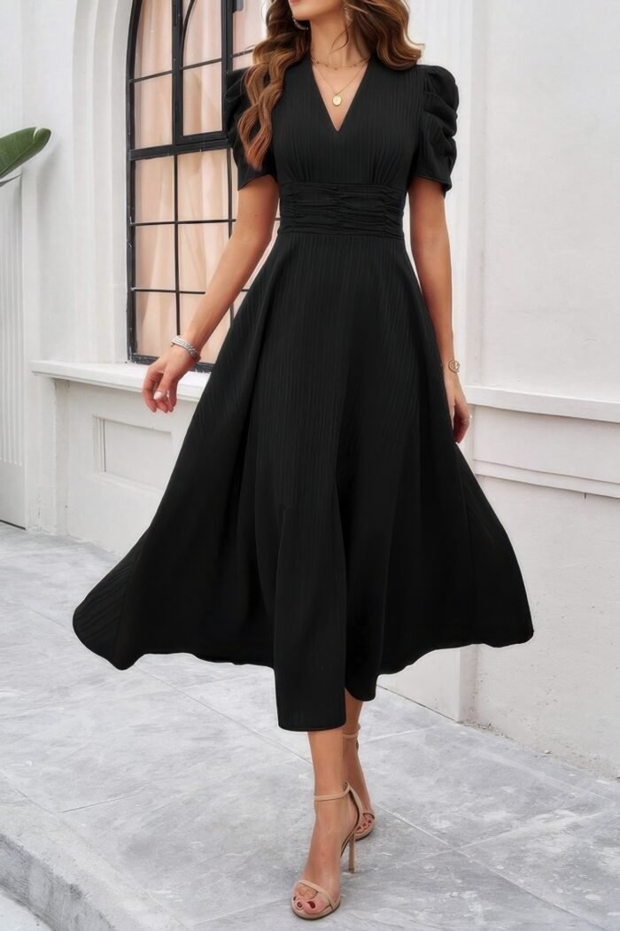 V Neck Solid Puff Sleeves Fit Full Dress - Image 5