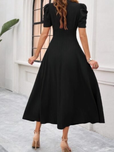 V Neck Solid Puff Sleeves Fit Full Dress V Neck Solid Puff Sleeves Fit Full Dress