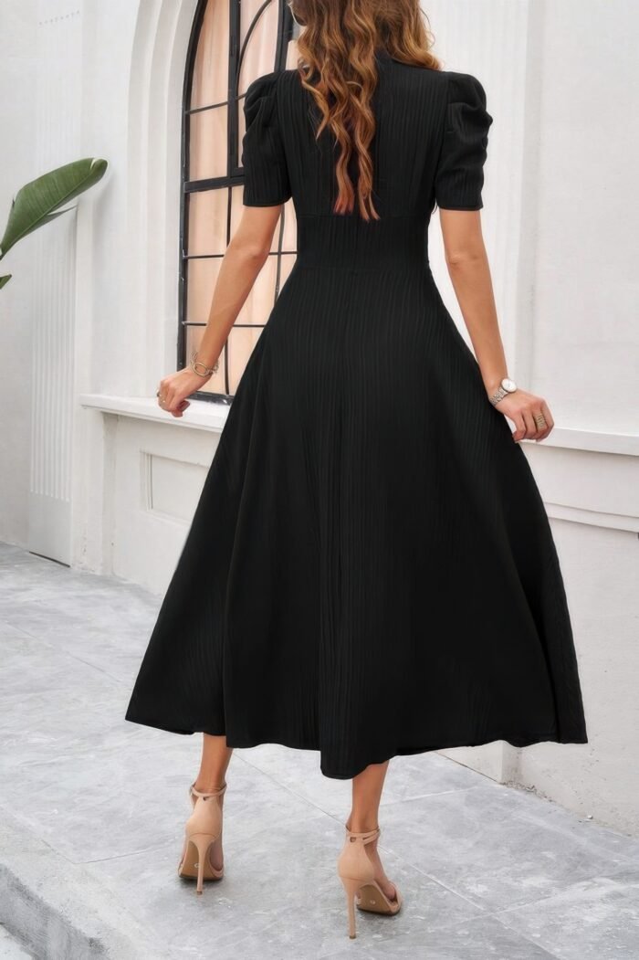V Neck Solid Puff Sleeves Fit Full Dress - Image 6