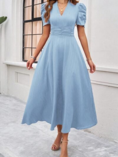 V Neck Solid Puff Sleeves Fit Full Dress V Neck Solid Puff Sleeves Fit Full Dress