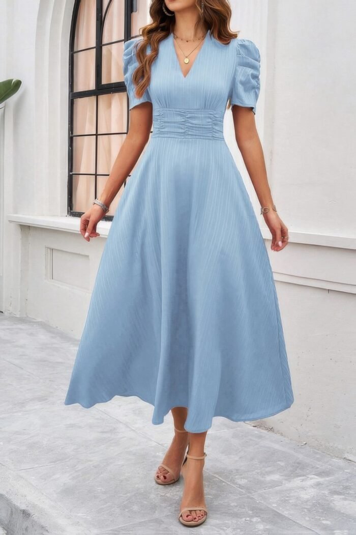V Neck Solid Puff Sleeves Fit Full Dress - Image 7