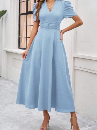V Neck Solid Puff Sleeves Fit Full Dress V Neck Solid Puff Sleeves Fit Full Dress